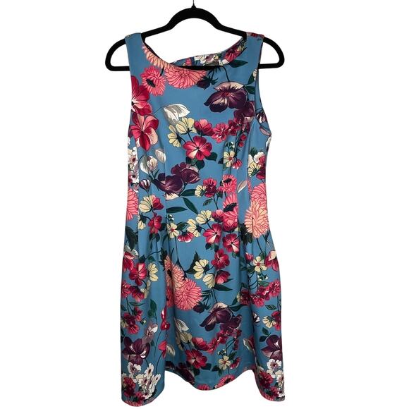 Vince Camuto Floral Blue Pink Fit and Flare Scuba Dress Midi Spring Size 10 - Picture 4 of 8
